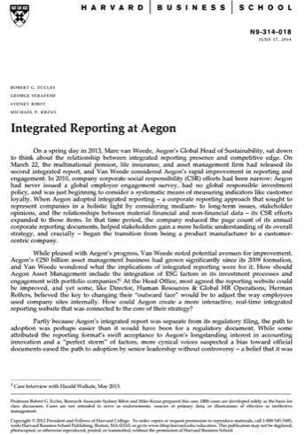 Krzus Eccles Serafeim Ribot HBS case on adoption of integrated reporting at Aegon